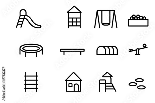 Birthday Playground Icons. Birthday playground. Line outline icon set of birthday playground: slide, climbing