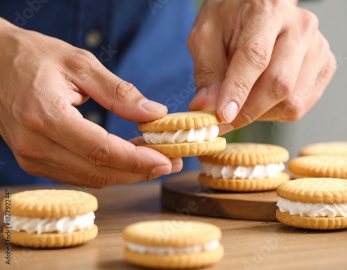 Close Up Of Hands Assembling Cream Filled Biscuits On A Wooden Surface With Soft Lighting