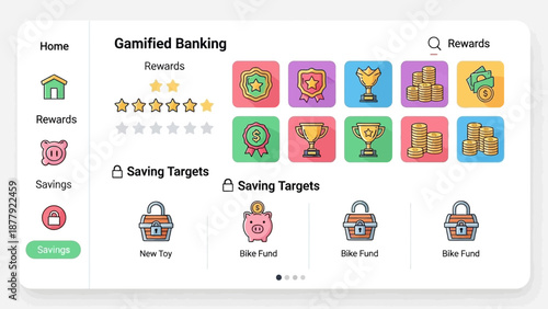 Gamified banking application interface with rewards and savings goals for a rewarding user experience