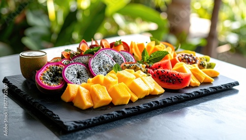 Vibrant Tropical Fruit Platter With Dragon Fruit Mango Passion Fruit And Papaya Served On Slate With Mint Leaves And Dip