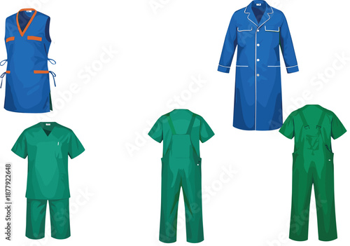 Medical Scrubs and Healthcare Uniform Vector Illustration Set Featuring Nurse Dress, Doctor Coat, and Hospital Workwear for Clinical, Medical, and Professional Design Projects