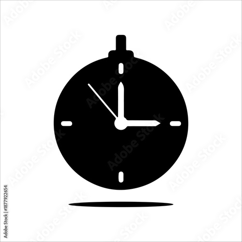 A black stopwatch icon with white clock hands