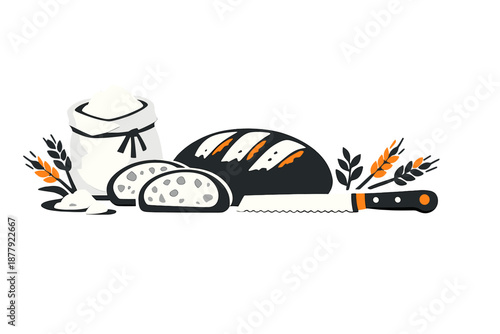 Bakery ingredients and bread with a knife