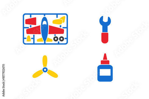 Model airplane kit, propeller, wrench and glue