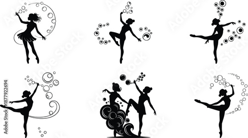 Silhouetted ballerina dancers with bubbles, elegant ballet poses, whimsical fantasy movement art, graceful feminine silhouettes, magical dance illustration design
