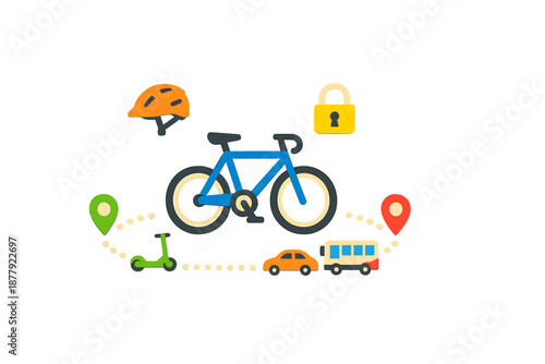3D icons of transportation, helmet, lock, and navigation pins