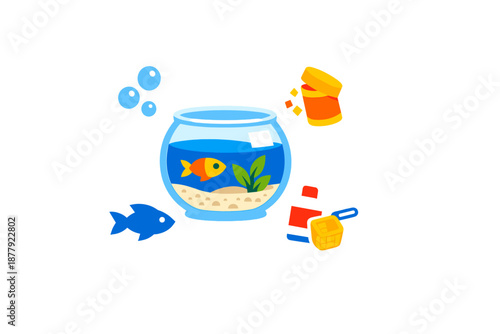 Fish tank accessories and goldfish in aquarium with glowing effect