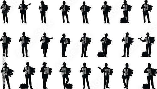 Silhouettes of diverse street musicians playing accordion and guitar, performing in dynamic poses, wearing hats and bags, artistic black vector illustration