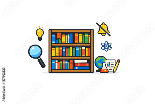 Collection of educational icons and bookshelf