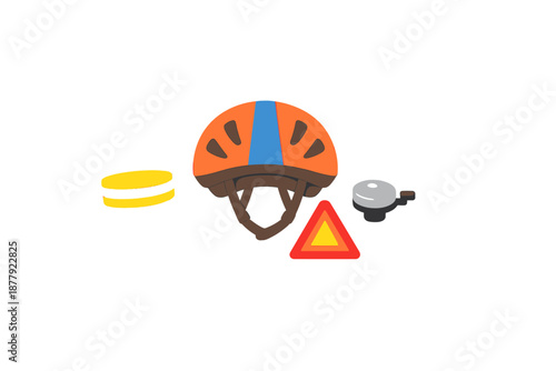 Safety equipment for cycling: helmet, bell, and warning sign