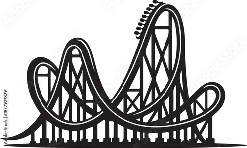 Roller coaster silhouette, amusement park ride, steep drops, riders in cars, roller coaster silhouette vector illustration