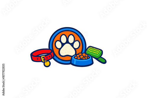 Dog accessories: collar, food bowl, brush, and paw print logo