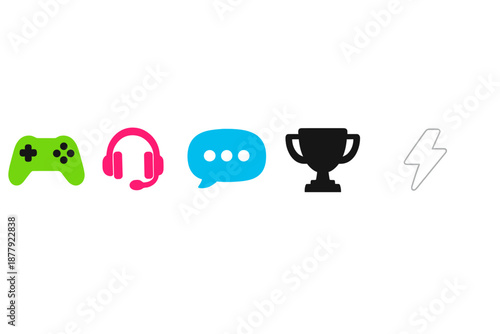 Gaming icons: controller, headphones, chat bubble, trophy, lightning
