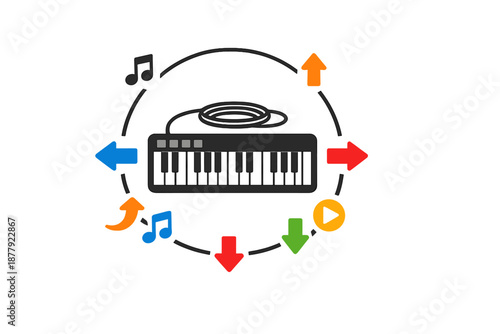 Musical keyboard with colorful arrows in a circular flow
