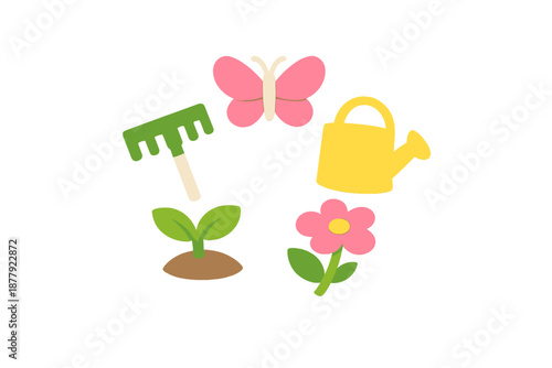Gardening icons with glowing effect on blurred background
