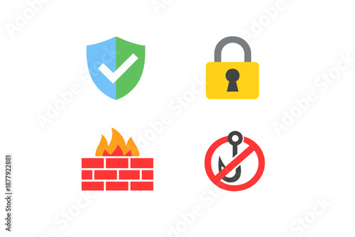 Cybersecurity icons: shield, lock, firewall, phishing prevention