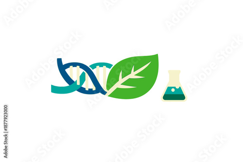 Biotechnology concept: DNA, leaf and flask