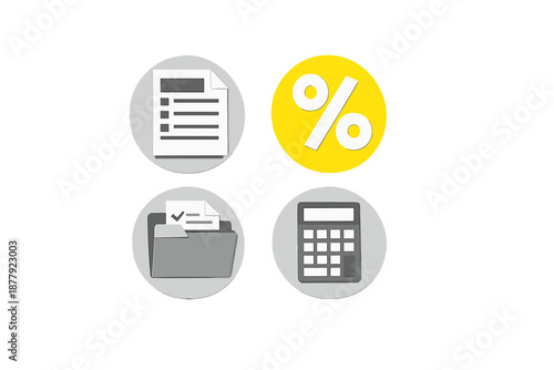 Four icons: document, percentage, folder, calculator on gray