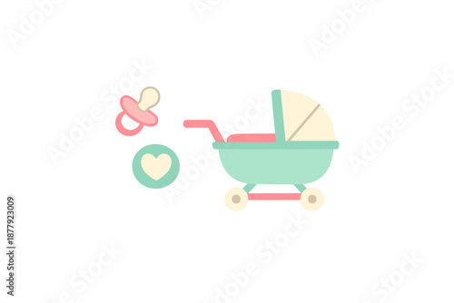 Baby stroller icon with pacifier and heart