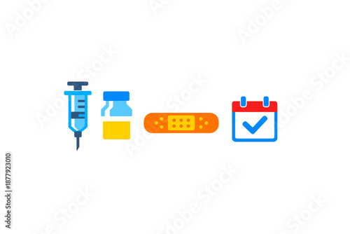Vaccination icons: syringe, vial, bandage, calendar