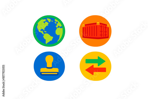 Four Icons with Glowing Backgrounds: Globe, Shipping Container