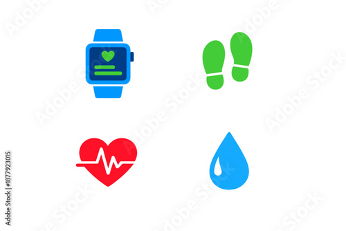 Fitness icons: smartwatch, steps, heart rate, water drop