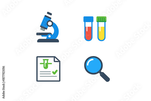 Science and Research Icons: Microscope, Test Tubes, Document