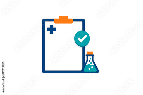 Medical research and approval icons with a clipboard and flask
