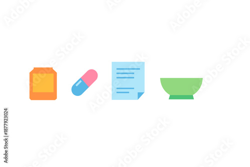 Pharmacy icons: pill bottle, capsule, document, mortar and pestle