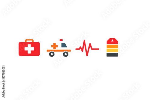 Medical emergency icons: first aid kit, ambulance, heartbeat, battery