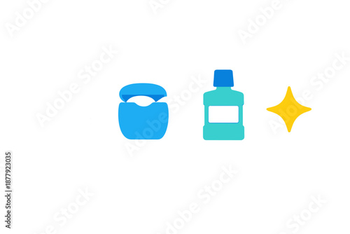 Dental hygiene elements: tooth, floss, and mouthwash with sparkle