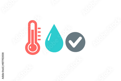 Thermometer, water drop and checkmark icons with neon glow