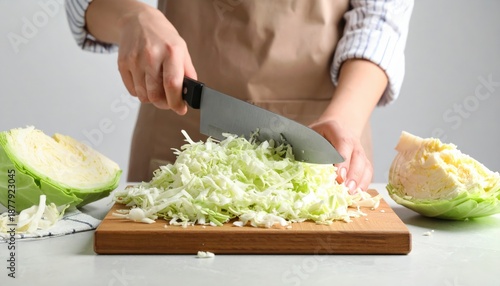 Close Up Of Person Chopping Fresh Green Cabbage On Wooden Cutting Board With Knife In Bright Kitchen Natural Lighting