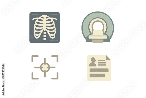 Medical diagnostic icons: X-ray, MRI, target, and medical record