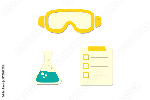 Illustration of science experiment icons: goggles, flask, and