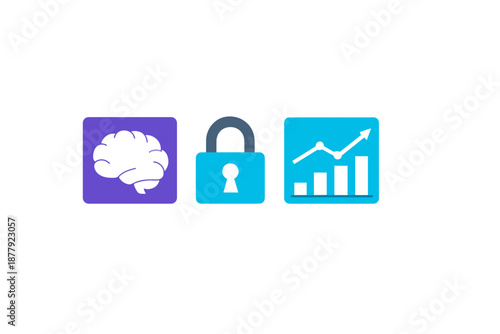 Brain, lock, and graph icons with neon glow on grey background