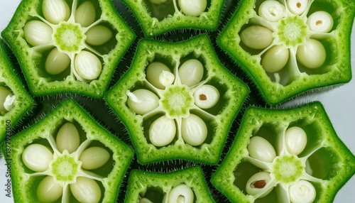 Close up overhead view of sliced okra pods revealing hexagonal pattern with white seeds and green flesh against a white background vibrant healthy food ingredient