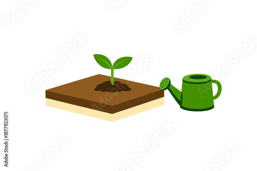 Young plant growing with a watering can