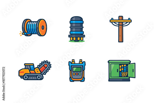 Set of industrial equipment icons with glowing effect