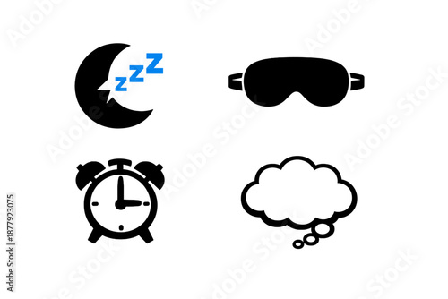 Sleep icons: moon, sleep mask, alarm clock, thought bubble