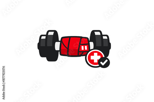 Red and black barbell with medical cross and checkmark icon