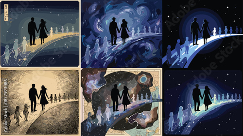 Silhouettes of family walking together on glowing cosmic path surrounded by stars, celestial night sky illustration of unity, generations, journey, future