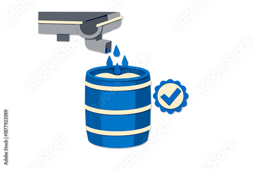 Water collection from gutter into a barrel, with a checkmark icon