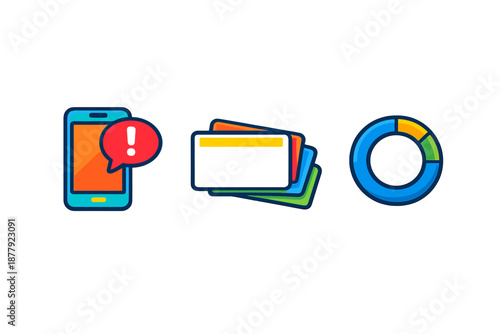 Modern flat icons: mobile alert, credit cards, and pie chart