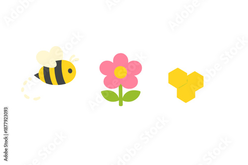 Cute cartoon bee flying near a flower and honeycomb
