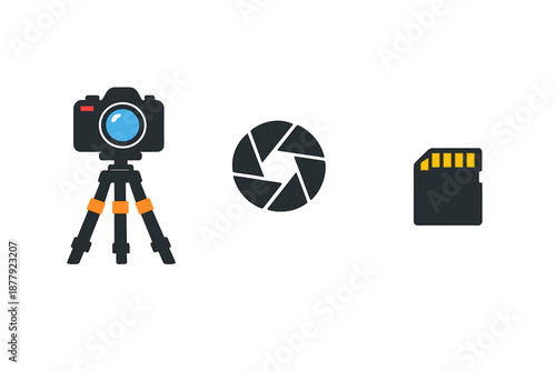 Camera on tripod, aperture, and SD card icons