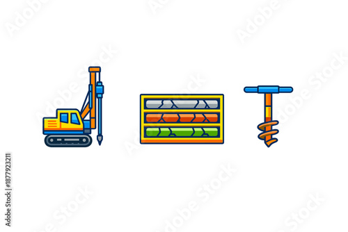 Construction equipment icons: drilling machine, core samples, and