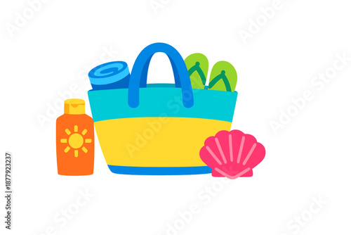 Beach bag with sunscreen, rolled towel, flip-flops, and shell