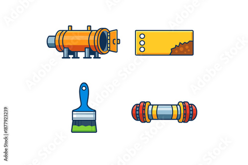 Set of cartoon icons: industrial tank, broken bar, paintbrush, pipe