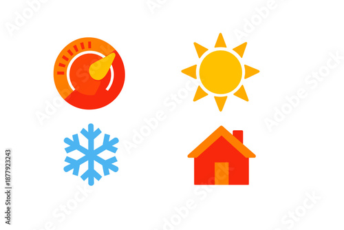 Temperature control icons: sun, thermometer, snowflake and house
